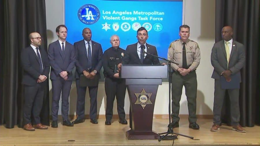 U.S. Attorney Martin Estrada speaks during a press conference with law enforcement partners announcing charges filed against the Florencia 13 gang of Los Angeles on Aug. 6, 2024. (KTLA)