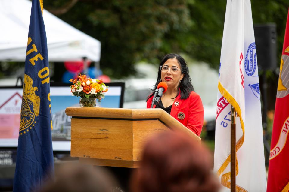 USMC Veteran and YMCA board member Rosia Macias speaks during the groundbreaking for a 34-unit veteran's housing complex called Courtney Place on Wednesday, June 15, 2022 in Salem, Ore. 