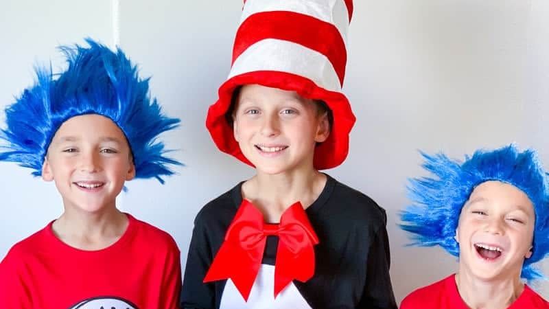 trio halloween costumes thing 1 thing 2 and the cat in the hat from 'the cat in the hat'