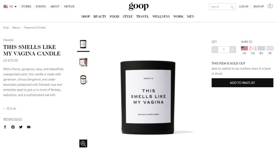 La vela que "huele como mi vagina" que comercializa la actriz Gwyneth Paltrow. (Goop)