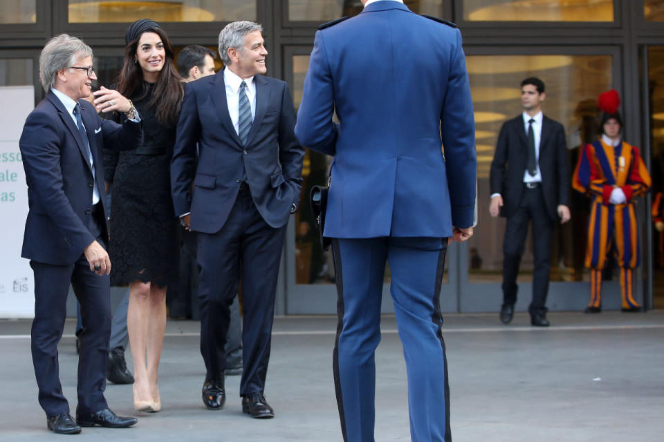 Amal Clooney in Atelier Versace at the ‘Un Muro o Un Ponte’ Seminary held by Pope Francis at the Paul VI Hall in Vatican City, Vatican.