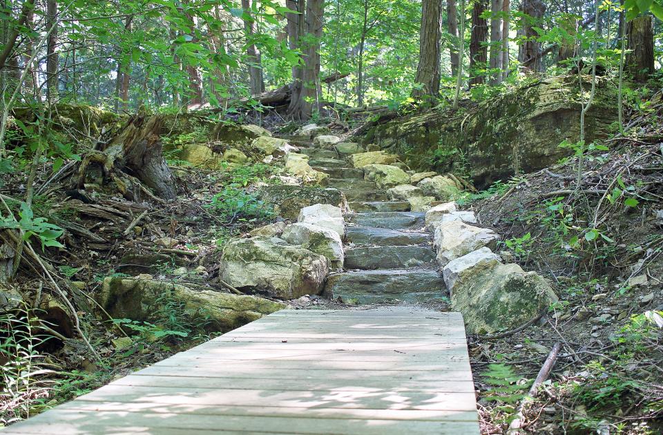 Stone stairs and a boardwalk fortify the Holy Trinity Trail at Rock Point in Burlington, VT.