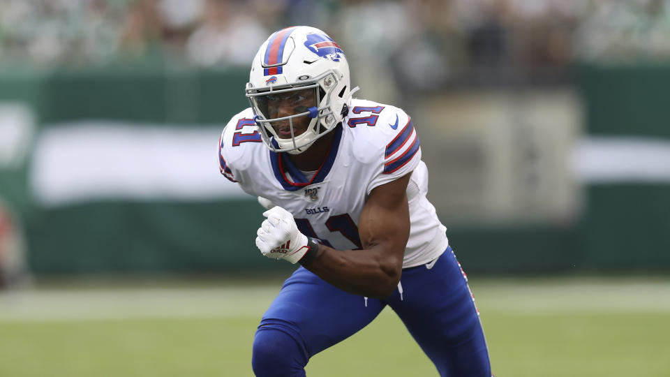 Buffalo Bills wide receiver Zay Jones (11) runs off the line during an NFL football game against the New York Jets, Sunday, Sept. 8, 2019, in East Rutherford, N.J. The Buffalo Bills won 17-16. (AP Photo/Steve Luciano)