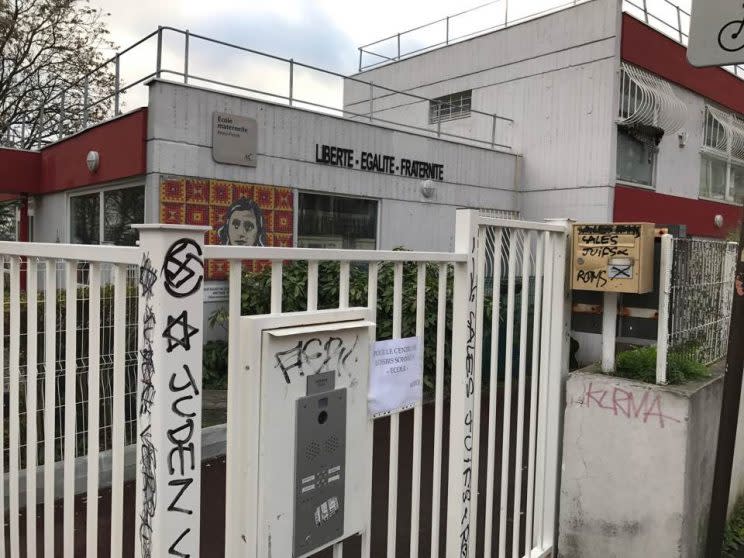 Juliette Timsit posted this image of the Anne Frank school defaced with anti-semitic grafitt in Montreuil, France on Dec. 25, 2016. (Juliette Timsit via Facebook)