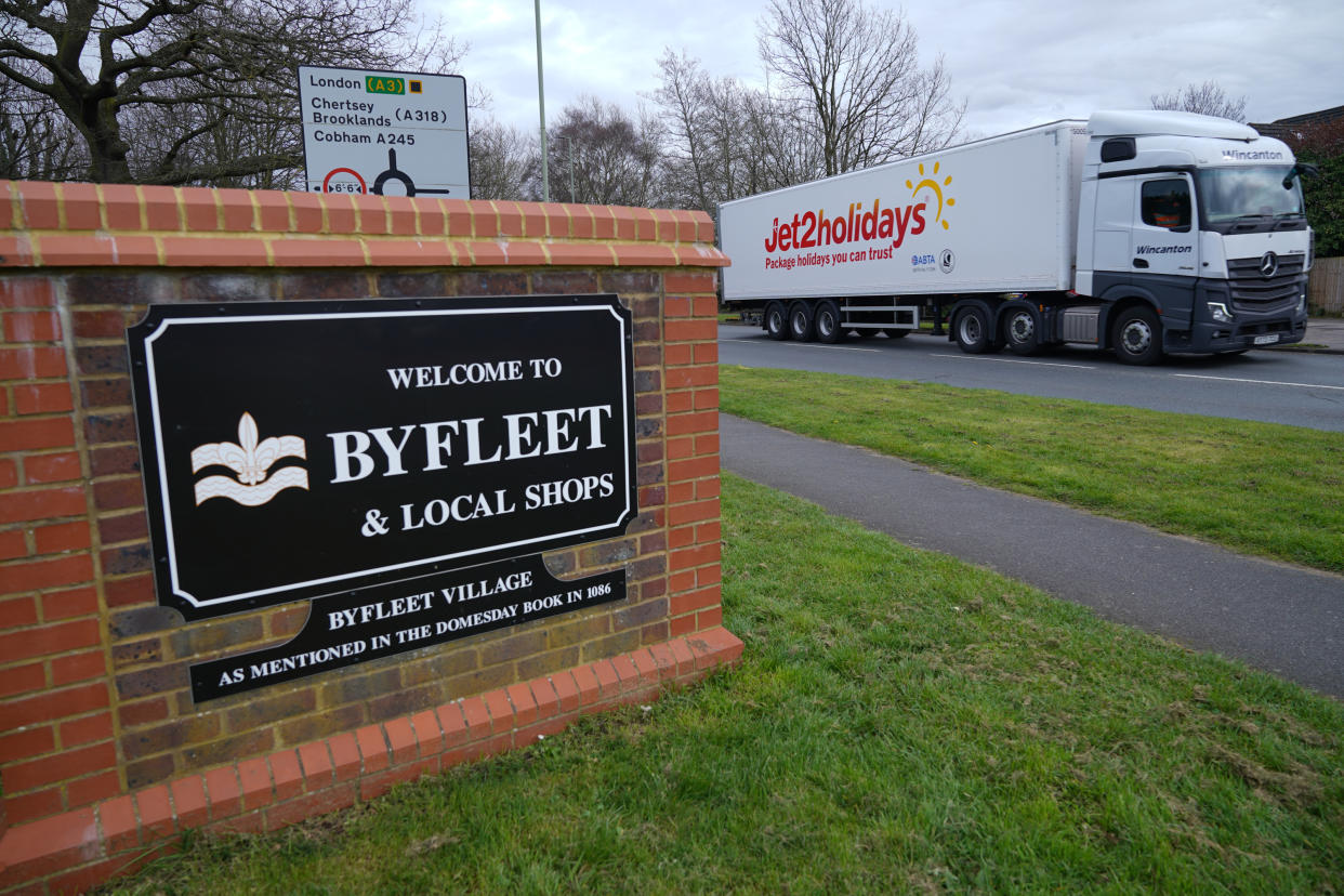 Vehicles in Byfleet, near to a closed section of the M25 between Junctions 10 and 11, while a bridge is demolished and a new gantry is installed. Picture date: Saturday March 16, 2024. (Photo by Yui Mok/PA Images via Getty Images)