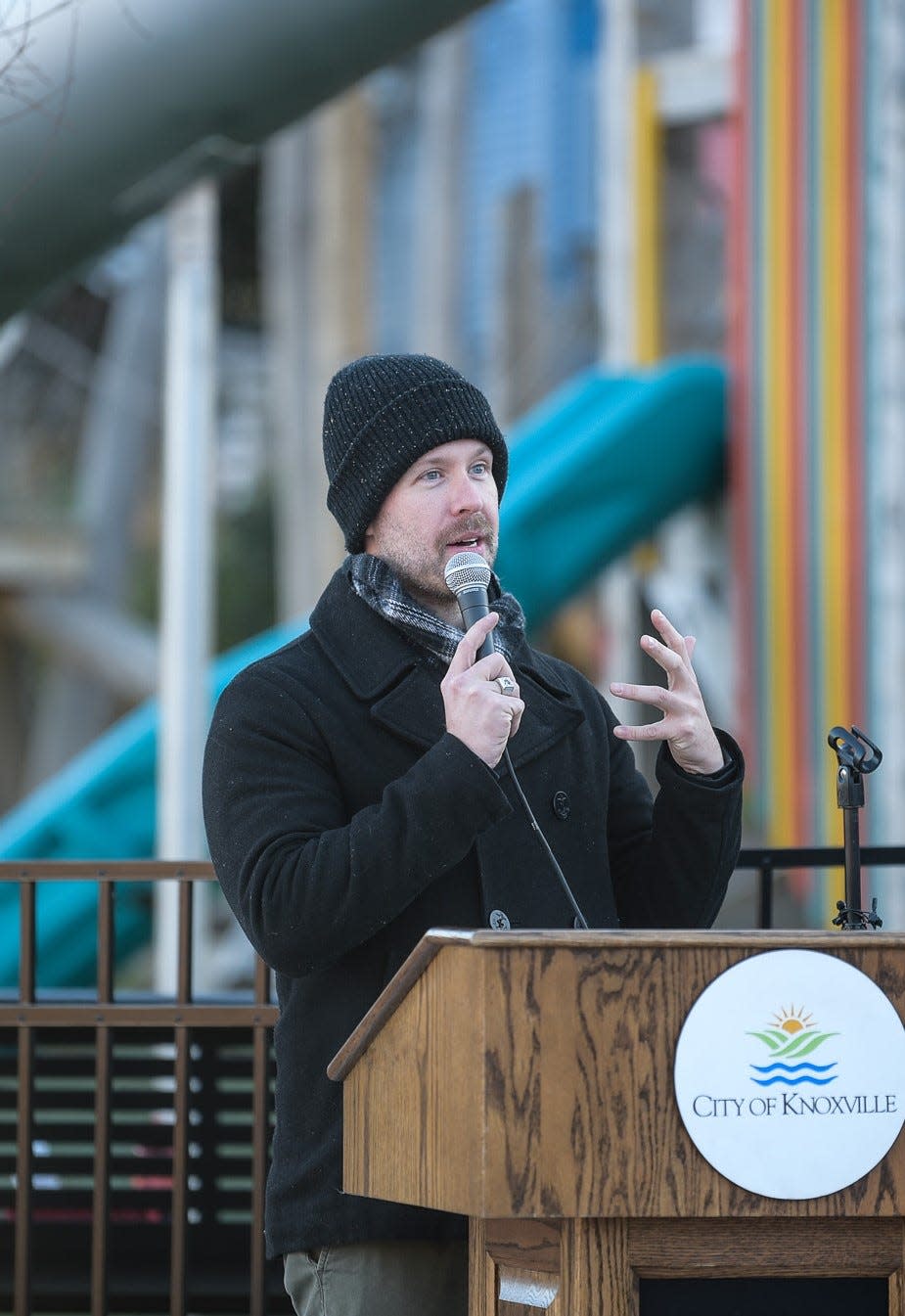 “I like colors. I wanted to make it a bright and happy place,” said muralist Dustin Durham, the artist who created Fort Kid Park's interactive sidewalk mural. He used the colors of the Victorian homes that border the playground as inspiration.