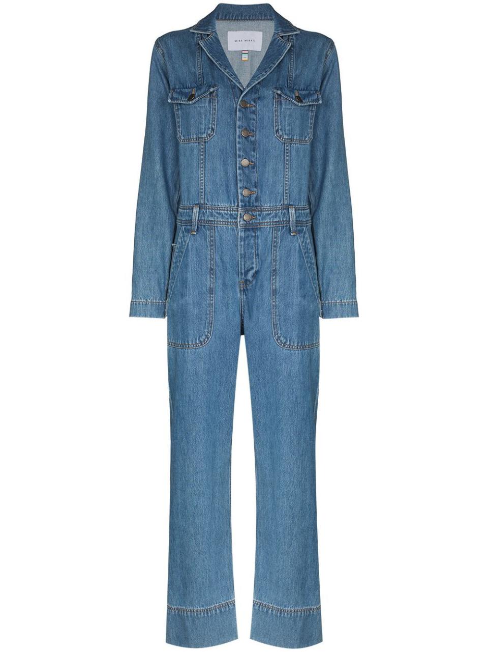 Embroidered Long-Sleeve Denim Jumpsuit