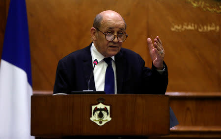 FILE PHOTO: French Foreign Minister Jean-Yves Le Drian gestures during a joint news conference with Jordanian Foreign Minister Ayman Safadi, in Amman, Jordan, January 13, 2019. REUTERS/Muhammad Hamed