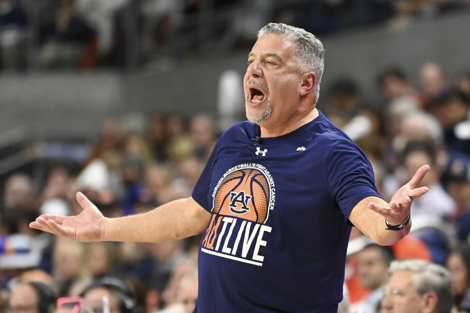 Auburn coach Bruce Pearl reacts to a play during the first half the team's NCAA college basketball game against Kentucky on Saturday, Feb. 17, 2024, in Auburn, Ala. (AP Photo/Julie Bennett)