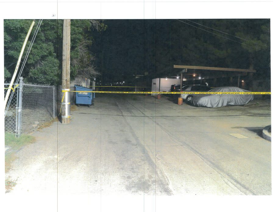 <em>A photo from the alleyway where police say they found the body of Jacoby Robinson Jr. in a dumpster. (KLAS)</em>