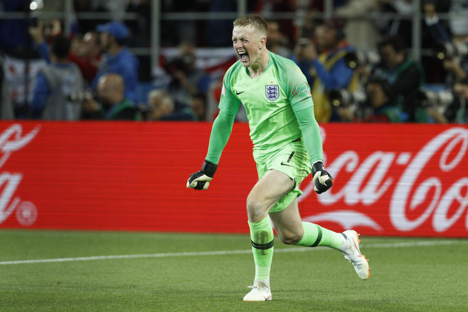 <p>Victory: Goalkeeper Jordan Pickford is elated after England won a penalty shoot-out! </p>