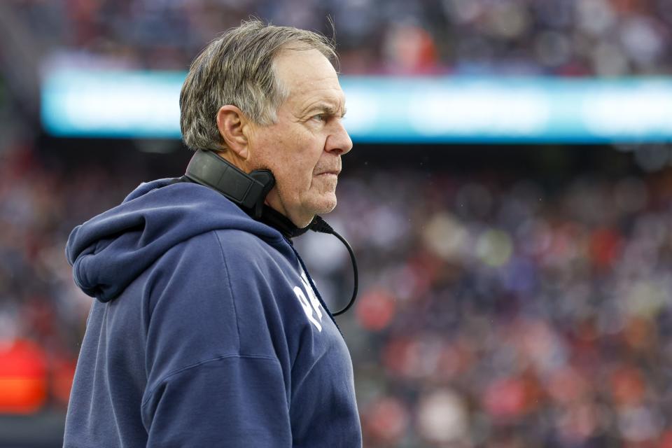 New England Patriots head coach Bill Belichick on the side line during the second half of an NFL football game against the Kansas City Chiefs on Sunday, Dec. 17, 2023, in Foxborough, Mass. (AP Photo/Greg M. Cooper)