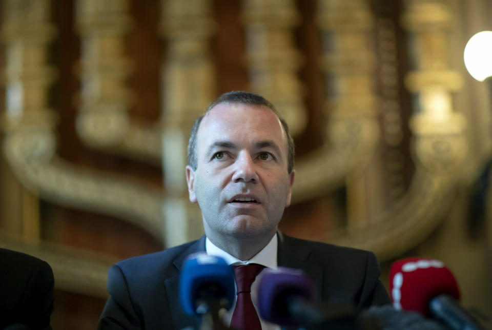 Chairman of the European People's Party (EPP) Group in the European Parliament Manfred Weber speaks during a press conference in the Dohany Street Synagogue in Budapest, Hungary, Tuesday, March 12, 2019. Weber said that a meeting with Hungary's prime minister has not resolved the issues that could lead to the expulsion of Hungary's Fidesz party from the bloc. (Balazs Mohai/MTI via AP)