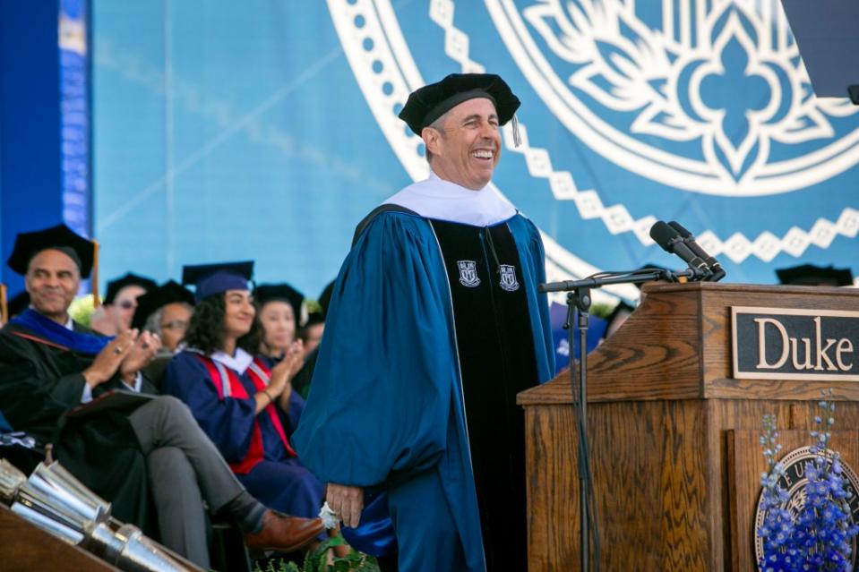 Jerry Seinfeld speaks at Duke University’s graduation ceremony on May 12, 2024. AP