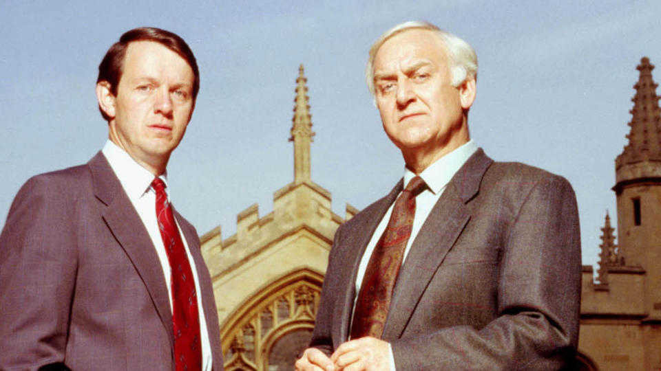 Lewis and Morse with Oxford spires in background in Inspector Morse