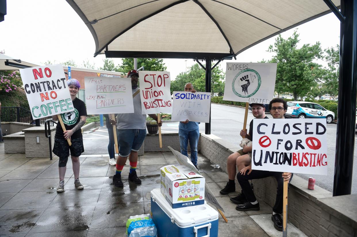 Starbucks union workers and supporters protest outside of their store off Robert C. Daniel Jr. Parkway on Tuesday, July 19, 2022. 