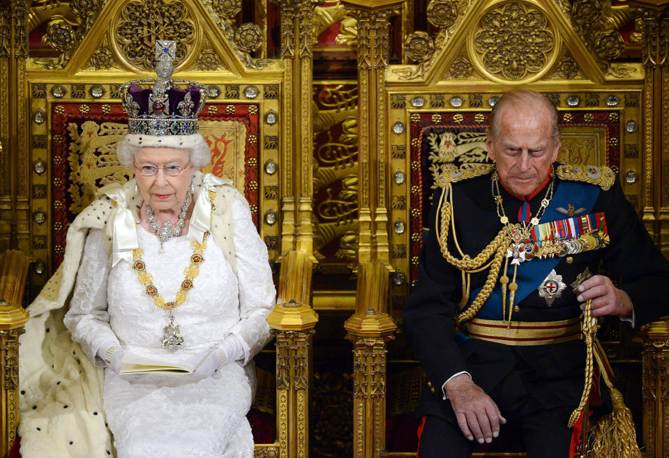 <p>The Queen and Prince Philip attend the State Opening of Parliament in 2014. Prince Philip would attend and sit next to Elizabeth as she read out the Queen's Speech, marking the new parliament.</p> 