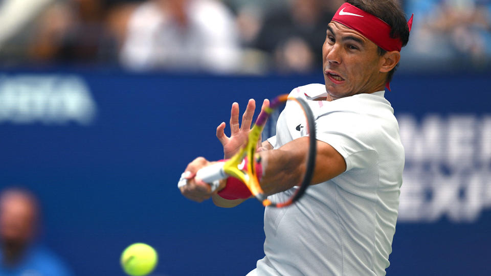 Rafa Nadal hits a shot against Frances Tiafoe at the US Open.