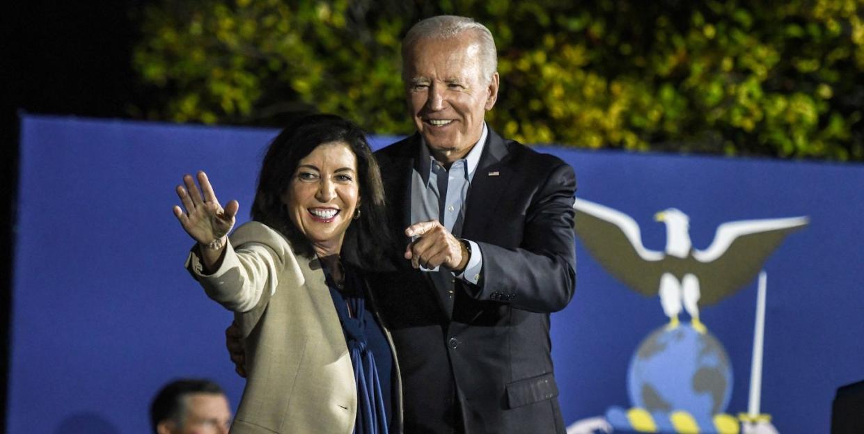 yonkers, ny   november 06 us president joe biden speaks at a rally for new york incumbent gov kathy hochul and other state democrats on november 6, 2022 in yonkers, new york hochul faces republican lee zeldin in tuesday's general election photo by stephanie keithgetty images