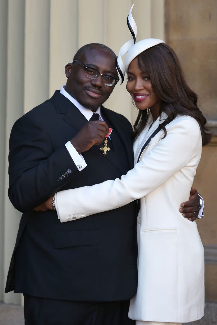 <i>Best friend Naomi Campbell accompanied him to receive an OBE in 2016 [Photo: Getty]</i>