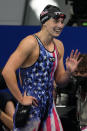 Kathleen Ledecky, of United States, celebrates after winning the gold medal in the women's 800-meter freestyle final at the 2020 Summer Olympics, Saturday, July 31, 2021, in Tokyo, Japan. (AP Photo/Jae C. Hong)