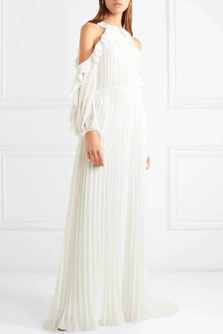Self-Portrait Cold-Shoulder Ruffled Pleated Chiffon Gown