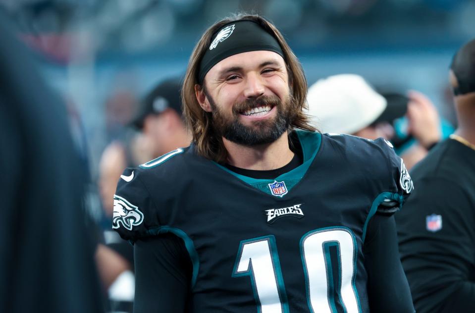 Dec 24, 2022; Arlington, Texas, USA;  Philadelphia Eagles quarterback Gardner Minshew (10) laughs on the sideline before the game against the Dallas Cowboys at AT&T Stadium.