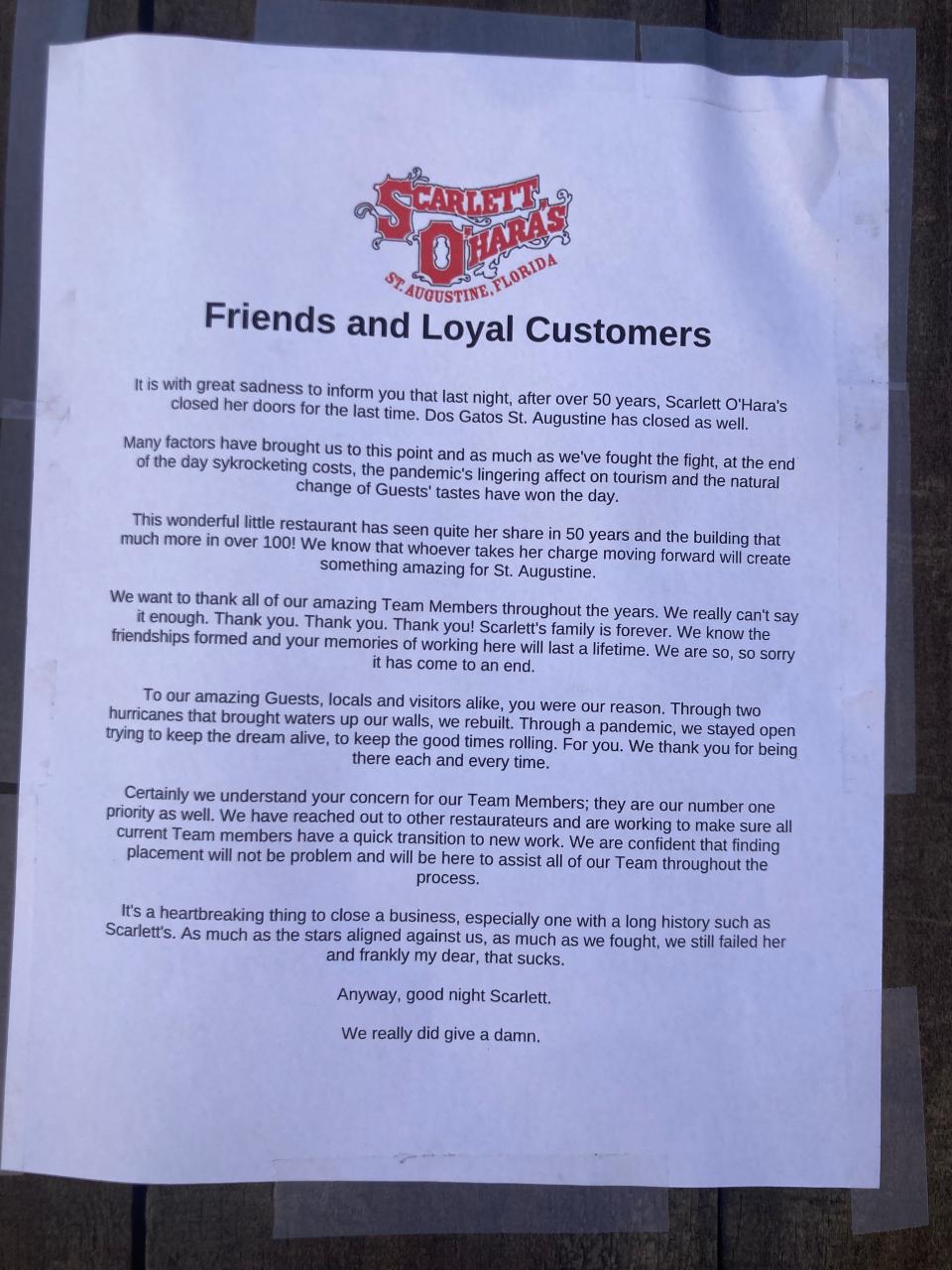 This letter was posted at Scarlett O'Hara's and Dos Gatos as of Tuesday.