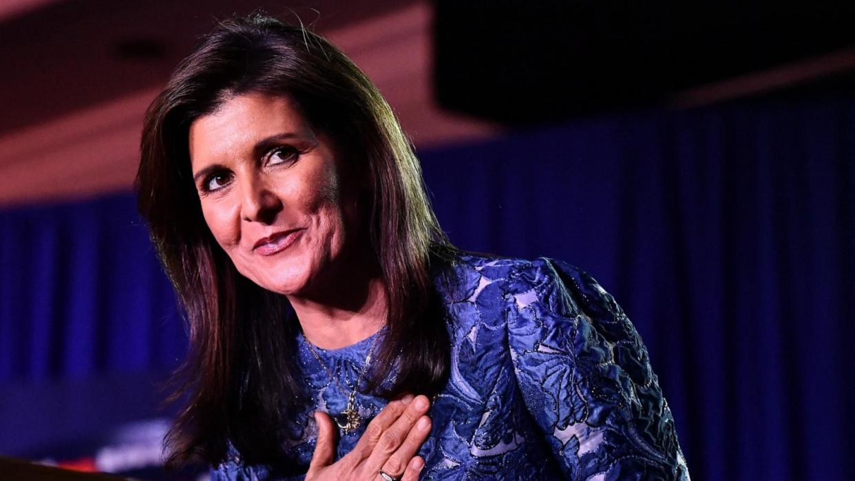 PHOTO: Republican presidential hopeful and former UN Ambassador Nikki Haley speaks after results came in for the New Hampshire primaries during a watch party in Concord, New Hampshire, Jan. 23, 2024.  (Joseph Prezioso/AFP via Getty Images)