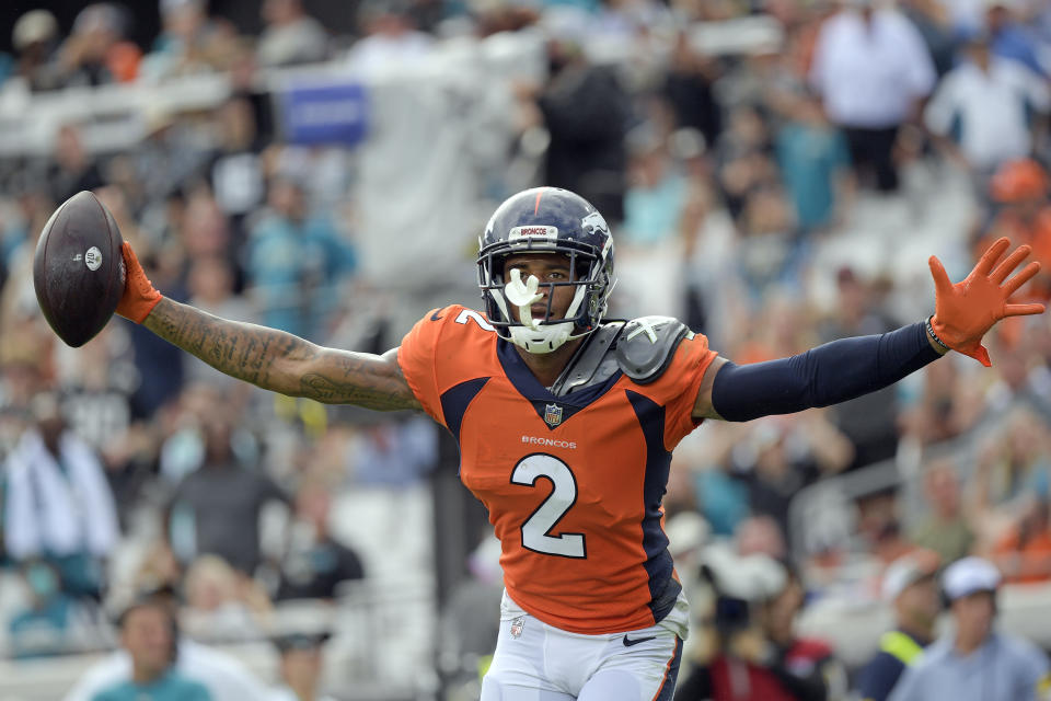 Denver Broncos cornerback Pat Surtain II celebrates after intercepting a Jacksonville Jaguars pass during the second half of an NFL football game, Sunday, Sept. 19, 2021, in Jacksonville, Fla. (AP Photo/Phelan M. Ebenhack)