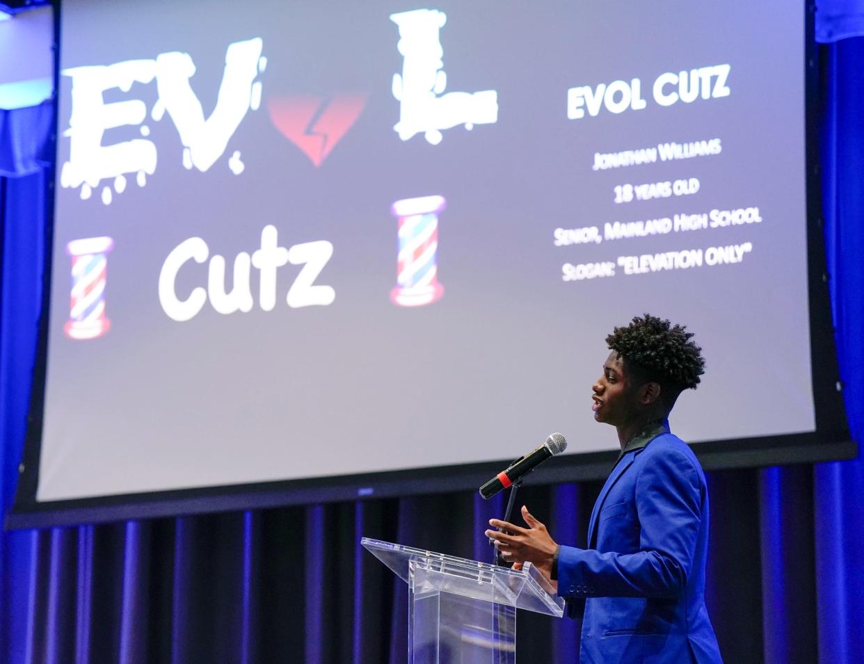 Jonathan Williams pitches his idea during the Volusia County Schools Career and Technical Education Pitch Competition in Deltona, Tuesday, March 28, 2023.