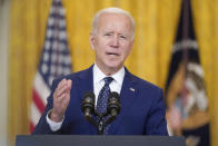 President Joe Biden speaks about Russia in the East Room of the White House, Thursday, April 15, 2021, in Washington. (AP Photo/Andrew Harnik)