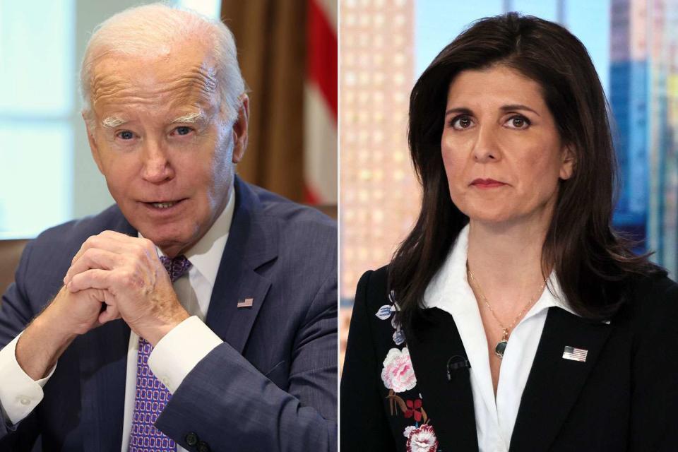 <p>Kevin Dietsch/Getty, Dia Dipasupil/Getty</p> Joe Biden on Oct. 2, 2023; Nikki Haley on Jan. 29, 2024