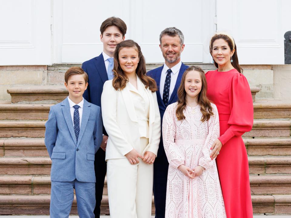 Crown Prince Frederik of Denmark, Crown Princess Mary of Denmark, Prince Christian of Denmark, Princess Isabella of Denmark, Princess Josephine of Denmark and Prince Vincent of Denmark during the confirmation of Princess Isabella of Denmark at on April 30, 2022