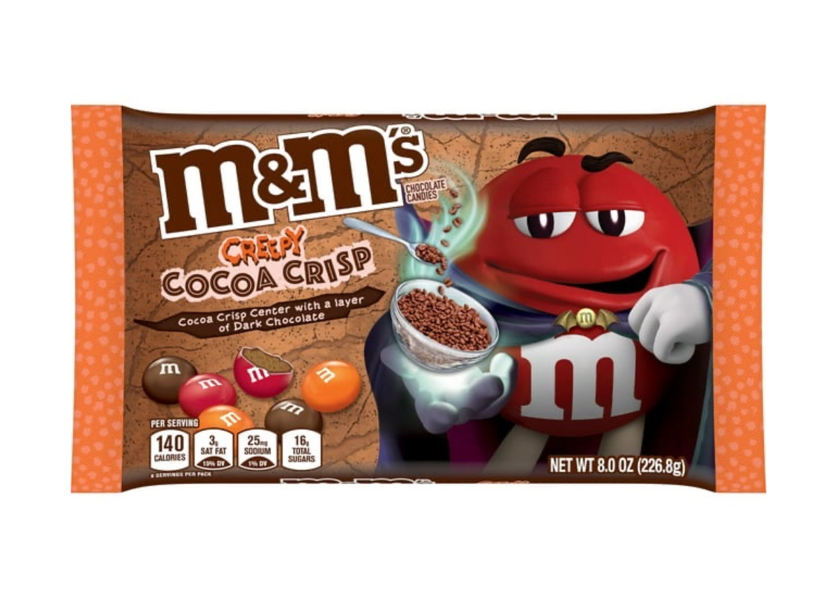 a bag of creepy cococa crisp m & m's on a white background.