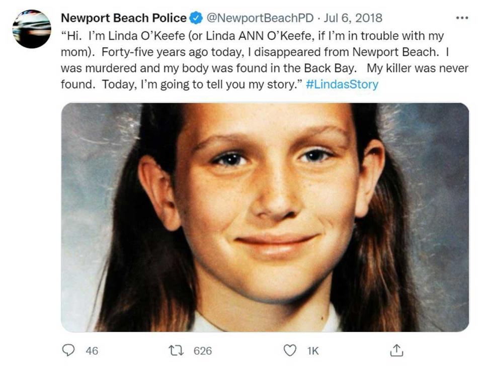 On the 45th anniversary of Linda O'Keefe's murder, Newport Beach PD created the Twitter thread, #LindasStory. The series of 68 tweets, told through Linda's point of view, drew readers in with details about her life as well as foreboding moments of her last day.   / Credit: Newport Beach Police Department