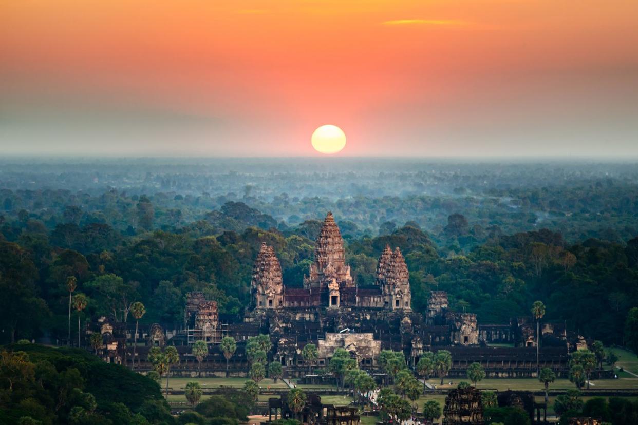 beautiful aerial view of angkor wat at sunrise,cambodia