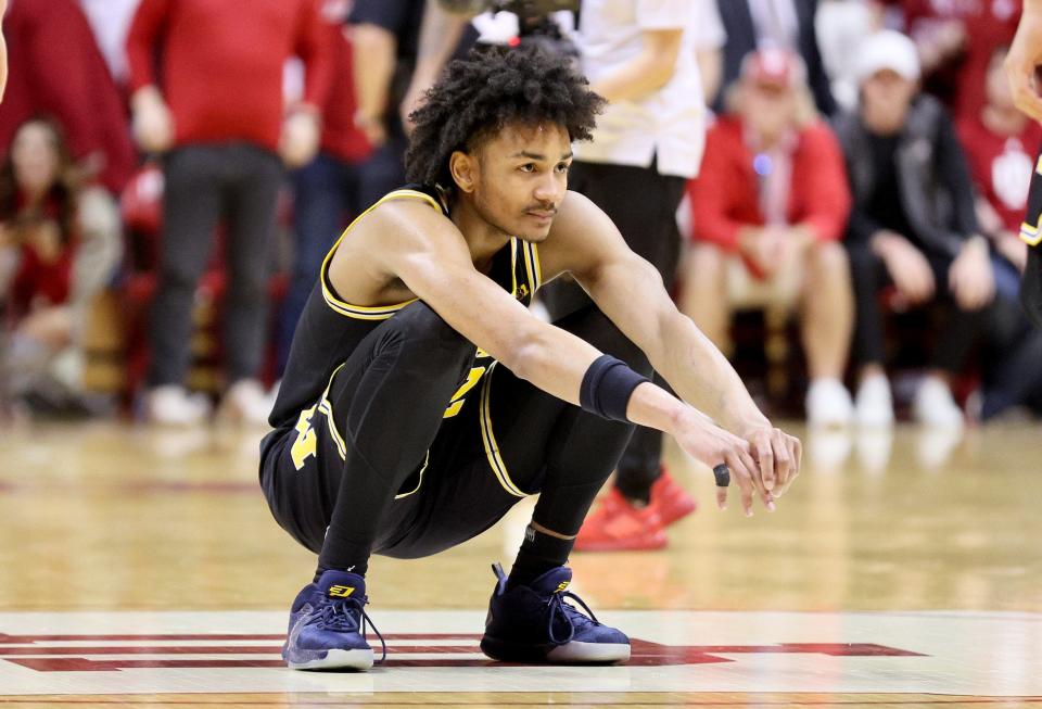 Michigan guard Kobe Bufkin stares after turning the ball over in the final seconds of U-M's 75-73 overtime loss on Sunday, March 5, 2023, in Bloomington, Indiana.