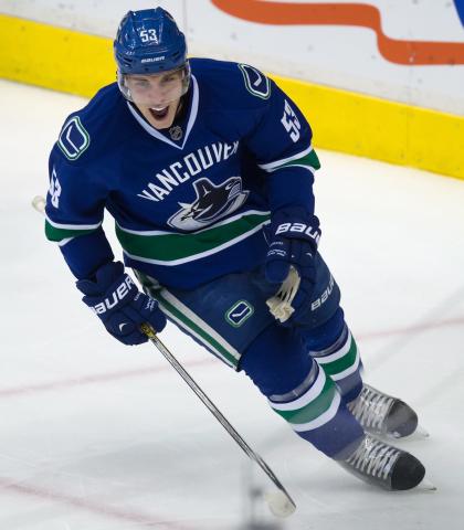 Vancouver Canucks&#39; Bo Horvat celebrates after scoring during the second period of an NHL hockey game against the Anaheim Ducks on Thursday, Nov. 20, 2014, in Vancouver, British Columbia. (AP Photo/The Canadian Press, Darryl Dyck)