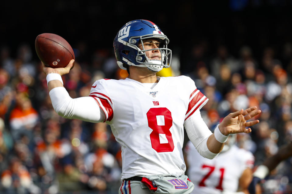 New York Giants quarterback Daniel Jones (8) throws against the Chicago Bears during the first half of an NFL football game in Chicago, Sunday, Nov. 24, 2019. (AP Photo/Paul Sancya)