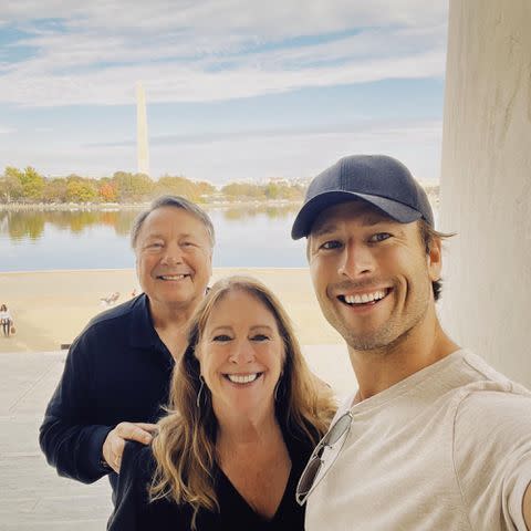 <p>Glen Powell Instagram </p> Glen Powell and his parents Glenn Powell Sr. and Cyndy Powell in Washington, D.C.