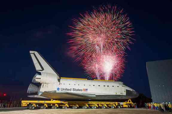 A fireworks display heralds the arrival of space shuttle Atlantis at the Kennedy Space Center Visitor Complex in Florida, Friday, Nov. 2, 2012. <span> See collectSPACE.com for more photos.</span>