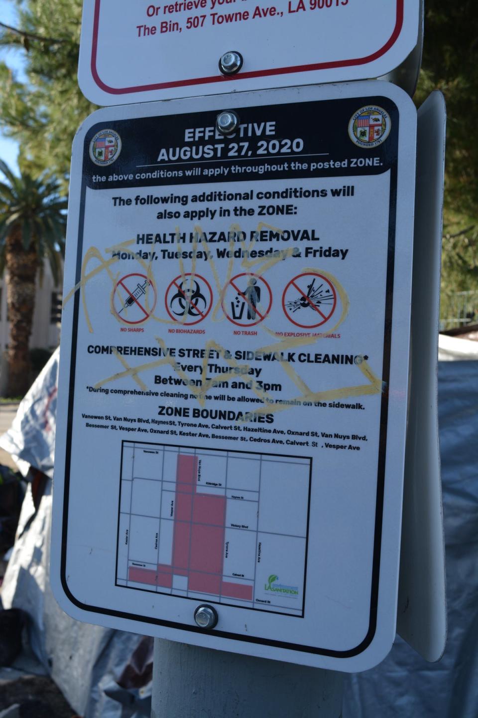 Homeless people can be arrested for camping within numerous protected “41.18” zones across Los Angeles (Josh Marcus / The Independent)