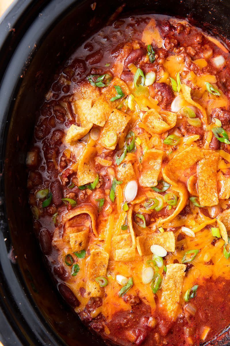 <p>Our <a href="https://www.delish.com/uk/cooking/recipes/a28886316/best-homemade-chilli-recipe/" rel="nofollow noopener" target="_blank" data-ylk="slk:classic beef chilli;elm:context_link;itc:0;sec:content-canvas" class="link ">classic beef chilli</a> is already quick enough to make on a weeknight, but this slow cooker recipe is even easier.</p><p>Get the <a href="https://www.delish.com/uk/cooking/recipes/a30684624/slow-cooker-chili-recipe/" rel="nofollow noopener" target="_blank" data-ylk="slk:Slow Cooker Chilli;elm:context_link;itc:0;sec:content-canvas" class="link ">Slow Cooker Chilli</a> recipe.</p>