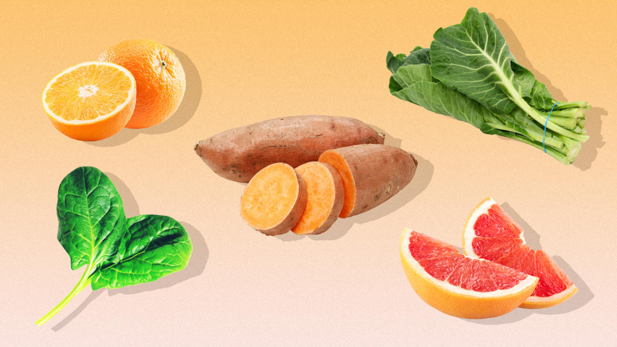 Fruits and vegetables on a peach-colored background