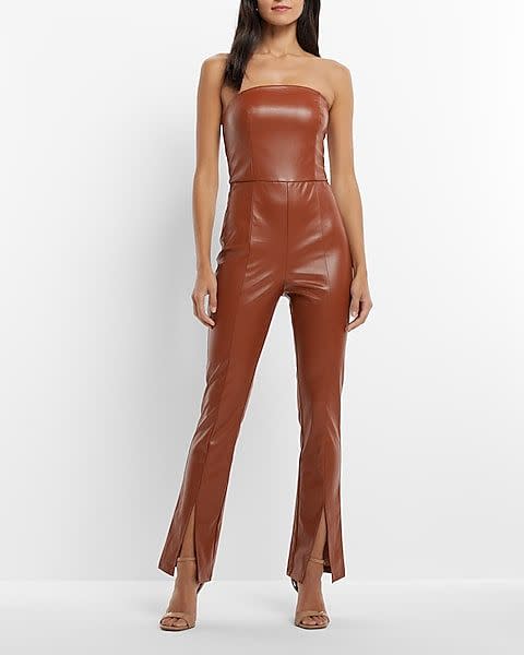 Express Faux Leather Strapless Split Hem Straight Leg Jumpsuit