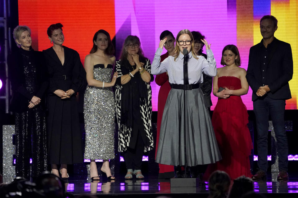 Sheila McCarthy, from left, Jessie Buckley, Claire Foy, Judith Ivey, Rooney Mara, Sarah Polley, Liv McNeil, Kate Hallett, and John Buchan accept the Robert Altman award for "Women Talking" at the Film Independent Spirit Awards on Saturday, March 4, 2023, in Santa Monica, Calif. (AP Photo/Chris Pizzello)