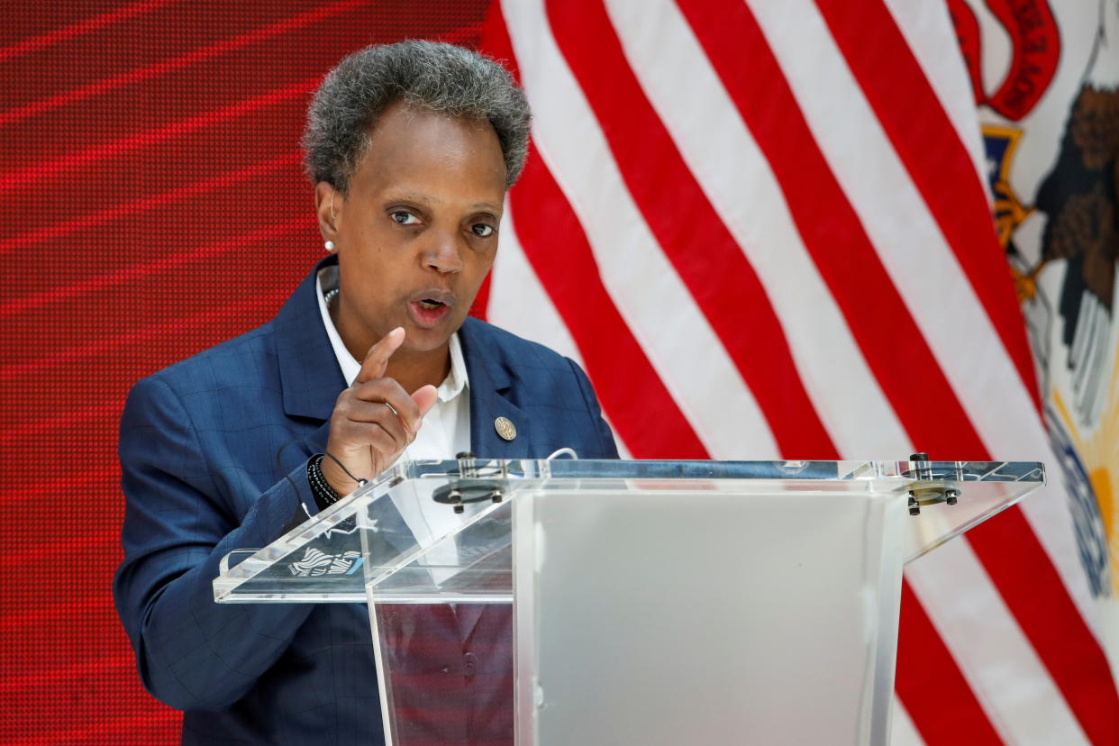 Mayor Lori Lightfoot of Chicago adresses a science initiative event at the University of Chicago in 2020. 