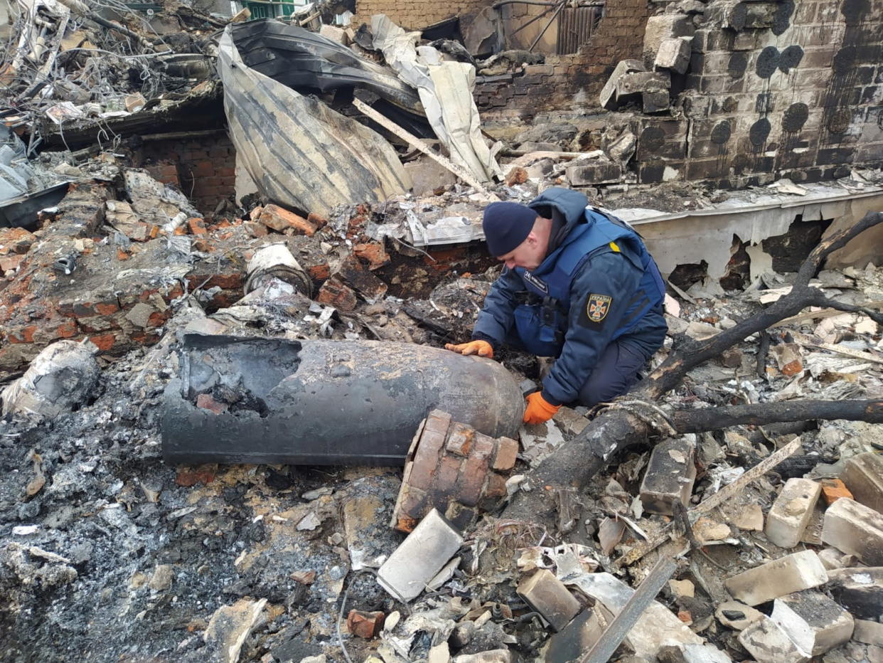 A member of Ukrainian emergency services works amid rubble, as Russia's invasion of Ukraine continues, in Chernihiv, Ukraine, March 9, 2022. Picture taken March 9, 2022. State Emergency Service of Ukraine/Handout via REUTERS THIS IMAGE HAS BEEN SUPPLIED BY A THIRD PARTY. MANDATORY CREDIT