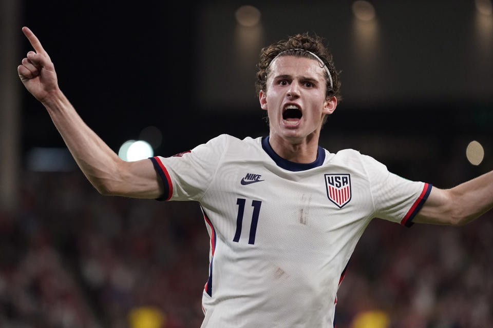 United States' Brenden Aaronson celebrates after the United States scored against Jamaica during a FIFA World Cup qualifying soccer match Thursday, Oct. 7, 2021, in Austin, Texas. (AP Photo/Eric Gay)